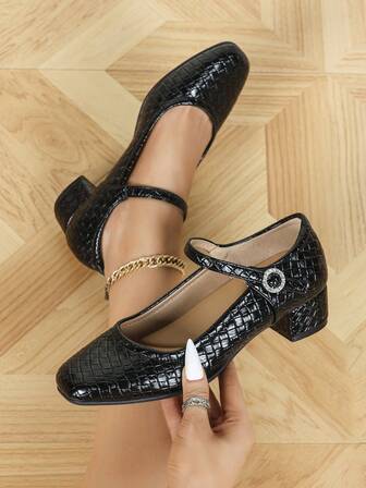 Women's Square Toe Casual Comfortable Rhinestone Buckle Chunky Heel Soft Bottom Work Shoes