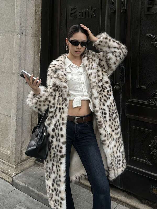 Luxuriöse Damen Leoparden-Muster Kunstfell Jacke, Kragen Langarm Knielanges Mantel, Dicke weiche Fleece-Fütterung, Warme Winterbekleidung