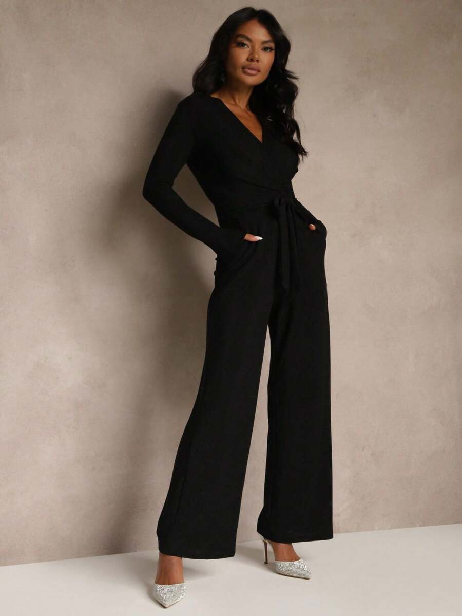 Women Solid Viscose Wrap Jumpsuit With Belt - Black - View 1