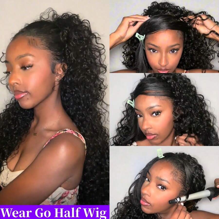 ZHENDEFA Half Head Wig, Human Hair, Curly, No Glue, Jerry Curl, Human Hair Half Wig, 3-In-1 Seamless Flip-Over Wear For Women, Beginner Friendly, Natural Color
