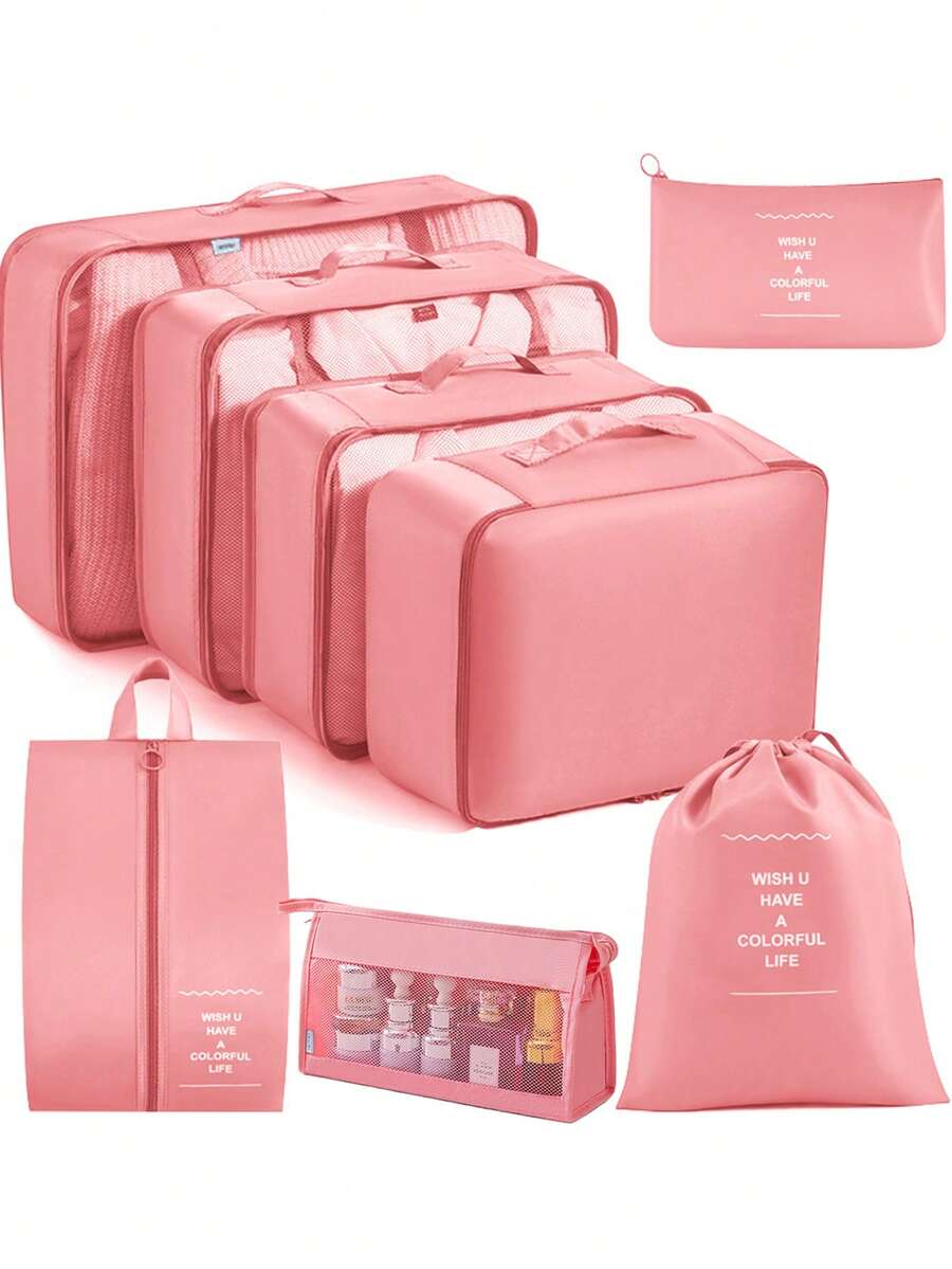 7 pièces/set + 1 pièce Grand sac de rangement de voyage, sacs de rangement étanches et portables, convient pour les voyages, les dortoirs, l'école, les vacances, avec sac à chaussures, sac à sous-vêtements, sac à chaussettes, sac à linge