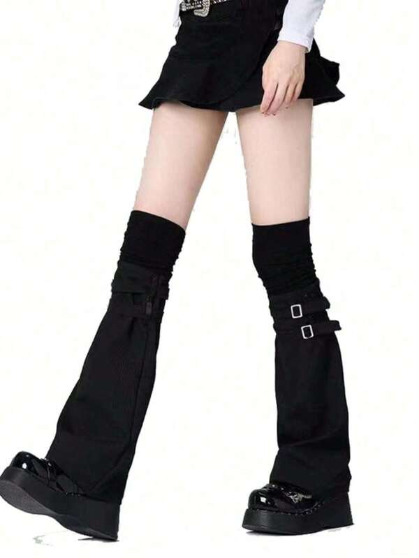 Aquecedores de perna 2 em 1 minimalistas de alta qualidade, acima do joelho, aquecedores de perna personalizados empilhados na coxa, capas de meia finas com fivela subcultura e pernas largas