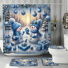 1/4 pièces Ensemble de rideaux de douche d'hiver de Noël, boules de Noël bonhomme de neige, cadeaux. Rideau de douche en polyester bleu mignon, imperméable et lavable pour la décoration de la salle de bain de Noël, avec 12 crochets. Tapis de bain en U et housse de siège de toilette non inclus