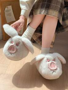 1 par de pantuflas planas con diseño de cerdo de dibujos animados, antideslizantes y suaves, adecuadas para otoño/invierno, unisex para adolescentes y adultos
