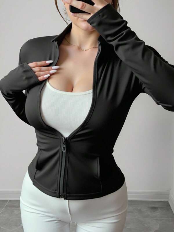 Damen Sportjacke, modische Herbst/Winter Athletik Jacke, hochdehnbar Yoga Trage Reißverschluss Rollkragen Langarm Passform Jacke, geeignet für Laufen, Training, Fitness