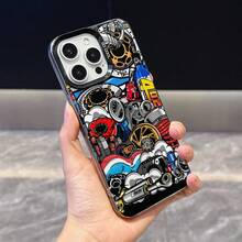 Car 1pc Black Wheel Graffiti Personalized Creative TPU Shockproof Phone Case Compatible With IPhone 17/16 15 14 13 12 11 Pro Max, Compatible With Samsung Series - Multicolor - View 1