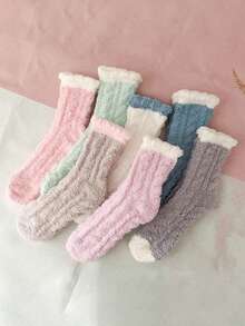 10 Paar Damen Mode vielseitige Herbst/Winter Korallenfleece Kontrastfarbe bequeme warme Heim Socken bis zur Mitte des Knöchels