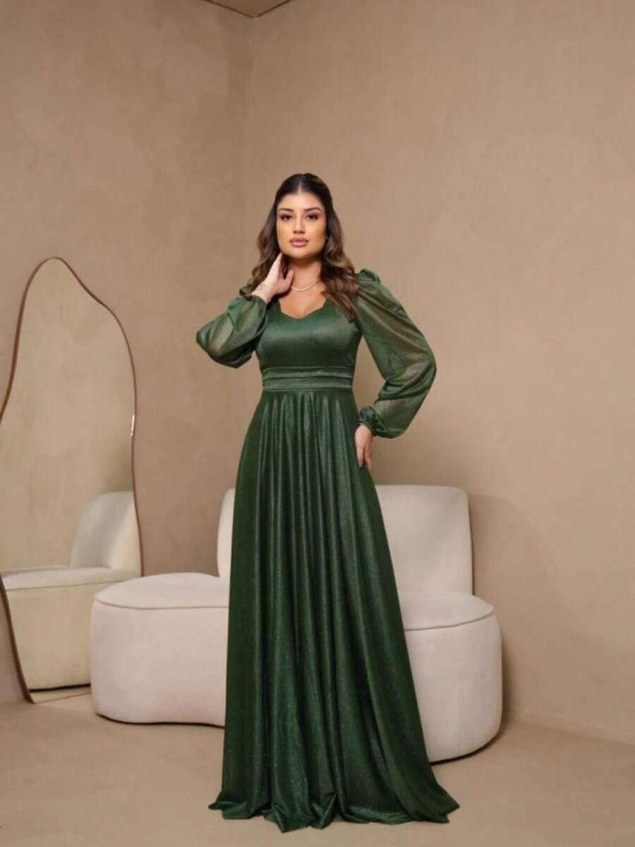 Long Dress Puff Sleeve Graduation Party Wedding Bridesmaid Guest - Màu xanh Ô liu - Xem 1