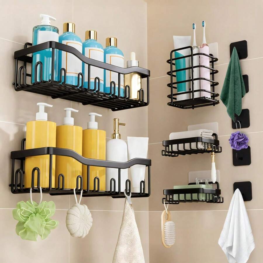 Organizador De Baño,kit de estante para baños Acero inoxidable,repisas baño Sin perforación,con estante de almacenamiento,adhesivos,Ganchos y jabonera,para organizacion hogar del baños y cocina - A - Ver 1