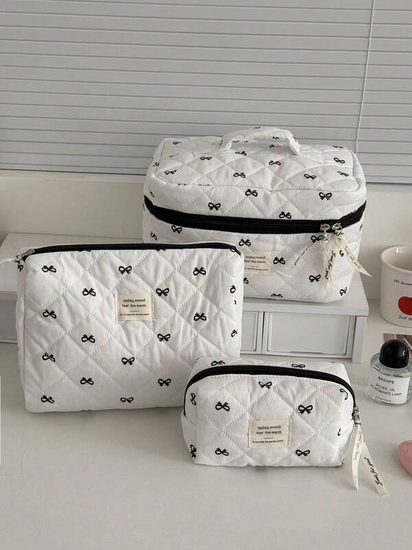 Bolsa de maquiagem de tecido macio com costura, laço rosa e design floral, bolsa com zíper de grande capacidade, bolsa de mão, bolsa de higiene, organizadora de viagem, armazenamento de acessórios cosméticos para mulheres