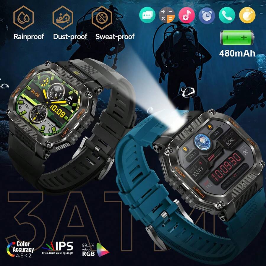 2025 New Outdoor Sports Smart Watch, Featuring Scaled Strap Design, Suitable For Men And Women, 1.75" IPS HD Large Screen 360*360, Flashlight, 30M Waterproof, Wireless Calling, 100+ Sports Modes, 24-Hour Tracking, Smart Voice Assistant, Customizable Dial, Music & Photo Control, 480mAh Battery, Compatible With Android/IOS, Suitable For Daily Sports, Gatherings, Birthdays And Gifts