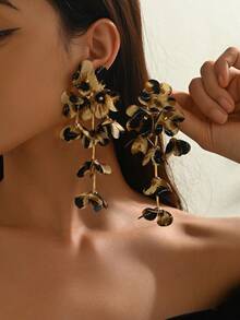 1对时尚夸张雪纺豹纹花朵流苏耳环，轻盈奢华的多层花朵豹纹耳环，适合女性日常、派对和假日佩戴（手工制作，可能存在轻微胶水痕迹） - 米色 - 查看 6