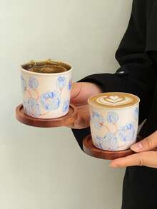 1pc Retro Minimalist Ceramic Coffee Cup & Saucer, Pink Matcha Cup, Coffee Latte Art Wooden Holder, Drinking Cup, Tea Cup, Coffee Cup