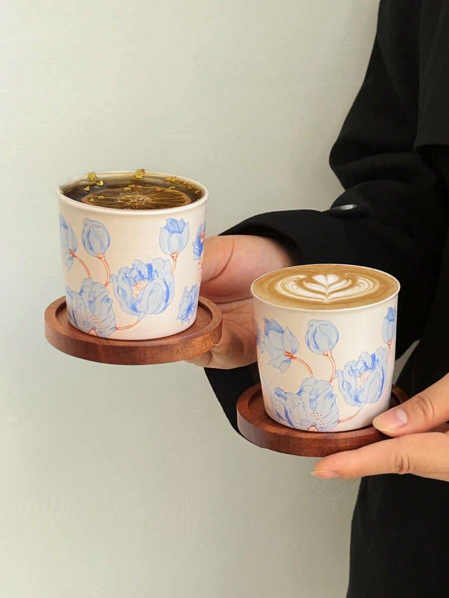 1pc Retro Minimalist Ceramic Coffee Cup & Saucer, Pink Matcha Cup, Coffee Latte Art Wooden Holder, Drinking Cup, Tea Cup, Coffee Cup