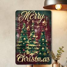Décoration murale en métal d'arbre de Noël vintage 2D plat - Lettrage de Joyeux Noël orné élégant en or et rouge avec un sapin vert foncé - Décoration intérieure/extérieure en aluminium robuste pour la maison, la ferme, le bureau - Matériel de montage facile inclus - Cadeau de fête parfait - Impression 2D plate rétro avec boules dorées et lettrage cursif - Panneau carré festif monté au mur pour les décorations de Noël, 2D plat, panneaux en métal