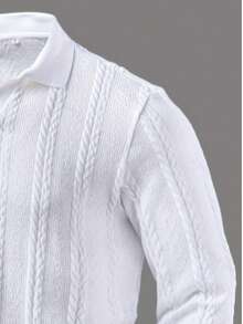 Men's Textured Polo Shirt, Long Sleeve, Elastic Jacquard Polyester Fabric, Casual & Fashionable Outdoor Sportswear, Suitable For Spring/Autumn Daily, Work And Vacation Wear - White - View 5