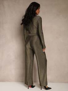 Viscose Wrap Neck Slant Pocket Fashion Jumpsuit With Belt - Gold - View 3