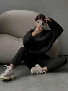 两件套保暖舒适女士宽松长袖连帽衫（带口袋）和运动裤，适合秋冬春季日常/办公/居家穿着，黑色 - 黑色 - 查看 7