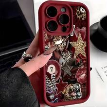 1pc Burgundy Gradient Minimalist Leopard, Lips, Pool Ball, English Text Printed Phone Case, Suitable For IPhone 16 Pro Max, 17/15/14 Plus, 13/12/11, Series