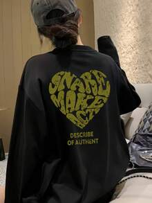 心形印花长袖圆领 T 恤，休闲宽松百搭女式上衣，秋季 - 黑色 - 查看 3