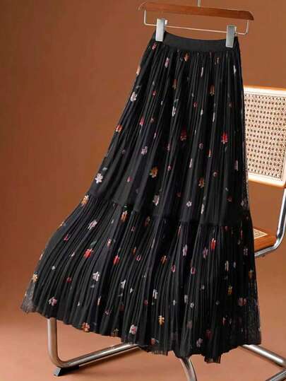 LuminousWealth 女士优雅花卉褶皱长裙 - 色彩缤纷的花卉图案，高腰设计，飘逸垂坠，适合所有季节，高腰裙摆，非常适合新年、节日和派对穿着