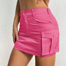 Womens Mini Cargo Skirts Y2k Denim Skirt With Pockets Low Waist Button Jean Skirts For Women - 玫紅色 - 查看 4