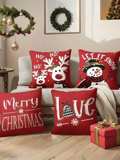 4pcs/1pc Red Christmas Pillow Cover - Reindeer, Snowman And "Merry Christmas"/"Love" Quote Design, 18x18 Inches | Zipper Closure | Bright Colors And Polyester Material | For Living Room, Room Decoration, Sofa And Bedroom (Filling Not Included) Great For Christmas Decorations, Christmas Party, Christmas Decorations For Home