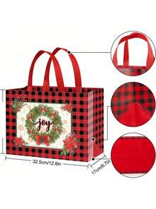 4/8pcs Large Christmas Party Bags, Reusable Red & Black Plaid Non-Woven Fabric Bags, Gift Bags With Handles, Christmas Party Supplies, 12.8*9.8*6.7 Inches