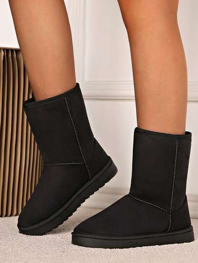 Botas de nieve con pelaje para mujer hasta la pantorrilla, botas negras, botas de cuero de PU con cierre deslizante, a prueba de viento y cálidas para invierno, Navidad y vacaciones, botas negras de unicolor con estilo occidental y forro de peluche para el hogar y las vacaciones