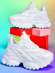 女士时尚休闲运动鞋户外纯白色厚底高跟轻便减震跑步鞋夏季透气速干网眼圆头易系带适合学生青少年日常生活约会健身办公防滑耐磨增高7CM百搭坡跟运动鞋