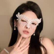 Elegant White Lace Half Face Mask For Women - Intricate Floral Design, Perfect For Cosplay, Mini Proms, And Halloween, Includes Pearl Earrings, Halloween Costume|Floral Lace Mask|Intricate Lace Craftsmanship - 黑色蕾絲眼罩 - 查看 7