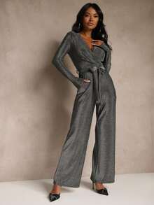 Viscose Wrap Neck Fashion Glitter Jumpsuit With Belt - Silver - View 4
