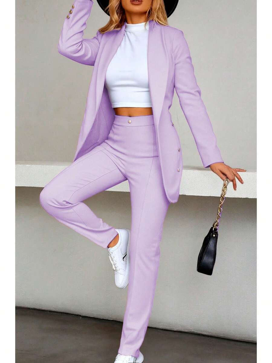 Elegante conjunto de traje azul de manga larga para mujer con cuello chal pantalones largos y detalles de botones - Púrpura malva - Ver 1