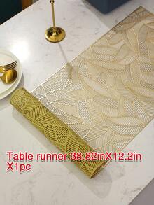 Camino de mesa con diseño de hojas huecas de 1 pieza, camino de mesa rectangular con diseño hueco de PVC minimalista para mesa de cena - Dorado - Ver 6