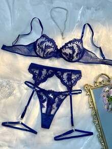 5pcs Women's Embroidered Mesh Lingerie Set Lace Lingerie Set Embroidered Lingerie Lingerie Sets Garter Lingerie Set - 藍色 - 查看 4