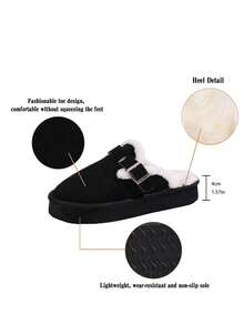 Pantoufles fourrées grande taille pour femmes, semelle épaisse, chaussons fourrés à enfiler fermés pour l'automne/l'hiver - Noir - Voir 7