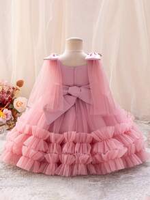 1pc Elegant Solid Color Mesh Patchwork Sleeveless Princess Dress With 3D Butterfly Decor, For Young Girl Formal Occasions, Birthday Party, Photography