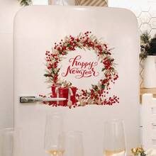 1 Stück Festlicher Weihnachtskranz Wandaufkleber - Abnehmbarer Kiefernzweig & Beeren Aufkleber mit rotem Geschenk, perfekt für Tür, Wand, Fenster oder Kühlschrankdekoration, ideal für Feierlichkeiten, Weihnachtsdekorationen