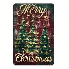 Décoration murale en métal d'arbre de Noël vintage 2D plat - Lettrage de Joyeux Noël orné élégant en or et rouge avec un sapin vert foncé - Décoration intérieure/extérieure en aluminium robuste pour la maison, la ferme, le bureau - Matériel de montage facile inclus - Cadeau de fête parfait - Impression 2D plate rétro avec boules dorées et lettrage cursif - Panneau carré festif monté au mur pour les décorations de Noël, 2D plat, panneaux en métal