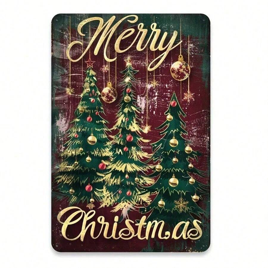Décoration murale en métal d'arbre de Noël vintage 2D plat - Lettrage de Joyeux Noël orné élégant en or et rouge avec un sapin vert foncé - Décoration intérieure/extérieure en aluminium robuste pour la maison, la ferme, le bureau - Matériel de montage facile inclus - Cadeau de fête parfait - Impression 2D plate rétro avec boules dorées et lettrage cursif - Panneau carré festif monté au mur pour les décorations de Noël, 2D plat, panneaux en métal