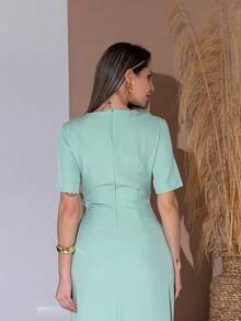 Long Dress With Short Sleeves With Belt Formal And Evening V775 - Verde Oliva - Ver 6