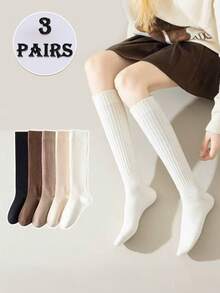3 Pairs Autumn/Winter Thick Warm Vertical Striped Calf Socks, School Style Long Socks For Women (Random Assortment)