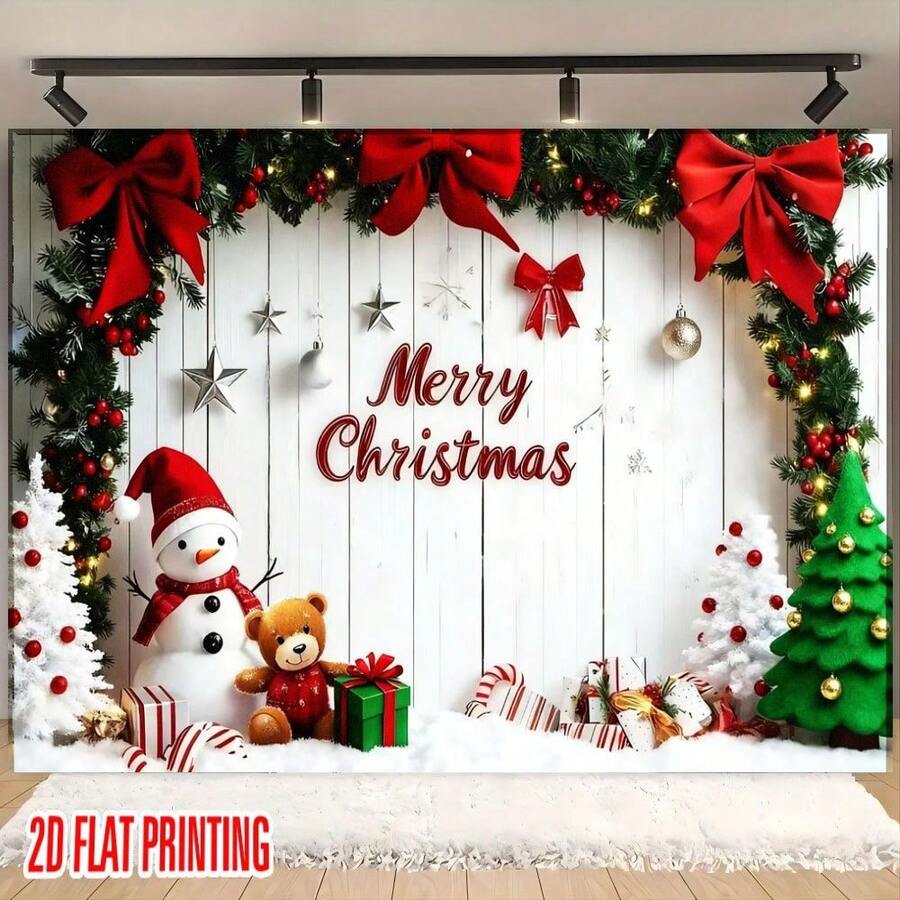 2D Fondo de tela plano de Navidad, 1 pieza de árbol de Navidad, muñeco de nieve, patrón de pared blanca, decoración de fiesta de Navidad, tela de fondo para cabina fotográfica, adecuada para decoración de fondo de fiesta interior - Tela de poliéster duradera, adecuada para decoración de pared navideña, pancarta de Feliz Navidad