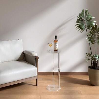 طاولة شرب أكريليك صغيرة - طاولة مارتيني بسيطة مع رف للأكواب - طاولة دائرية صغيرة للغرفة المعيشة والنوم والشرفة