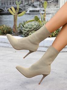 女士秋冬中筒靴 - 卡其色尖头高跟踝靴，优雅的套穿款式，是节日派对、婚礼和新年庆祝活动的完美之选，提升您的节日造型。 - 卡其色 - 查看 5