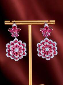 1 Pair Geometric Hot Pink Cubic Zirconia Flower Shaped Long Dangle Drop Earrings, Luxury Jewelry Gifts For Women, Wedding Party Pageant