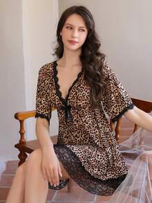 1pc V-Neck Vintage Leopard Print Alluring Lace Trim Nightgown, Lace Patchwork Hem Sleepwear Dress, Suitable For Women All Seasons