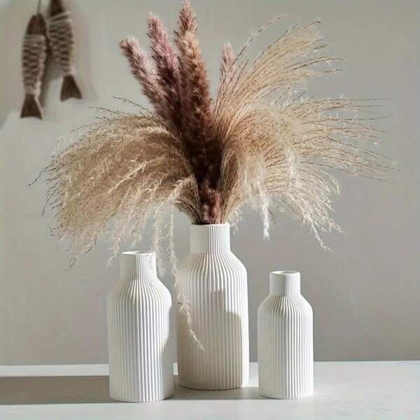 Einzigartiger flauschiger Pampasgras gestreifter Keramik-Look Kunststoff Vase, modern minimalistisch, beige, hoher Zylinder Tisch Mittelpunkt Raumdekoration, dekorative Vase für Wohnzimmer, Hochzeit, Party, Heimdekoration, Blumenvase, Glasvase