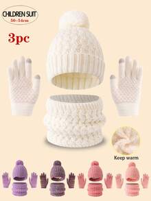 3 件套儿童针织帽/围巾/手套套装，8 种颜色可选，厚实温暖的冬装，简约可爱时尚，适合 3-12 岁儿童户外徒步/滑雪和日常冬装 - 3PC - 查看 2