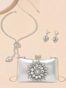 太陽花圖案硬殼抱包,外觀呈抱枕狀,鑲嵌鑽石,適用於派對、婚禮、舞會、晚宴/宴會,可與婚紗、禮服、舞會裙、生日禮服搭配 - 銀色 - 查看 10